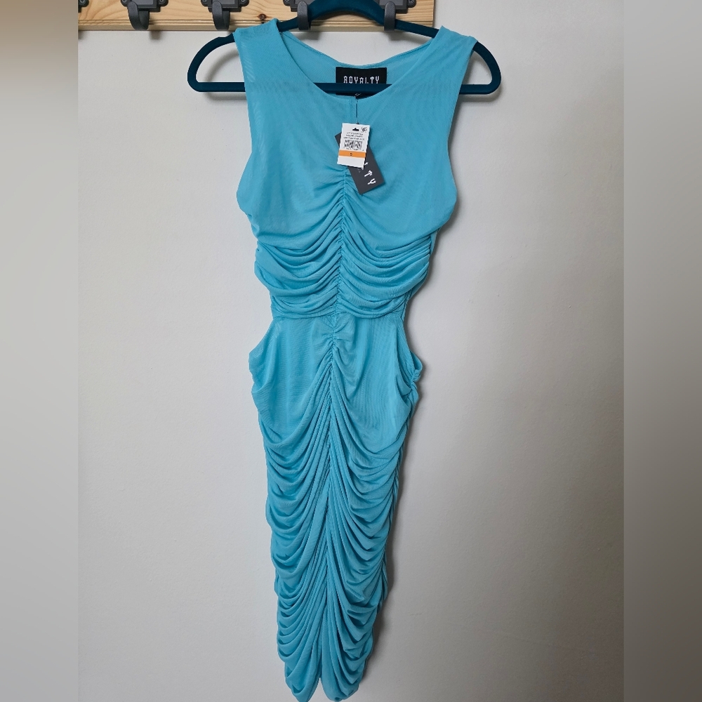 Royalty by Maluma Women's Ruched Mini Dress Turquoise Side Cuts Size Small - Picture 3 of 7